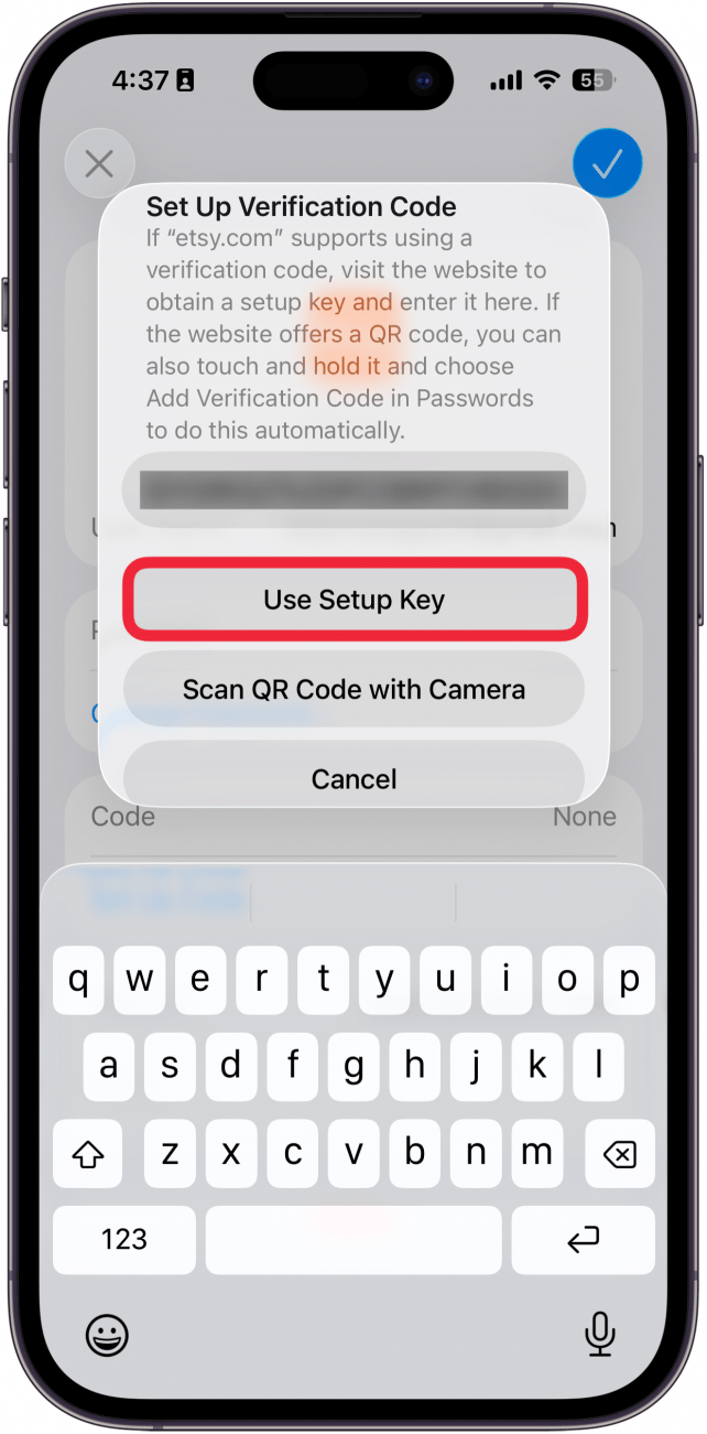 iphone passwords screen displaying etsy account information with Enter Setup Key circled in red