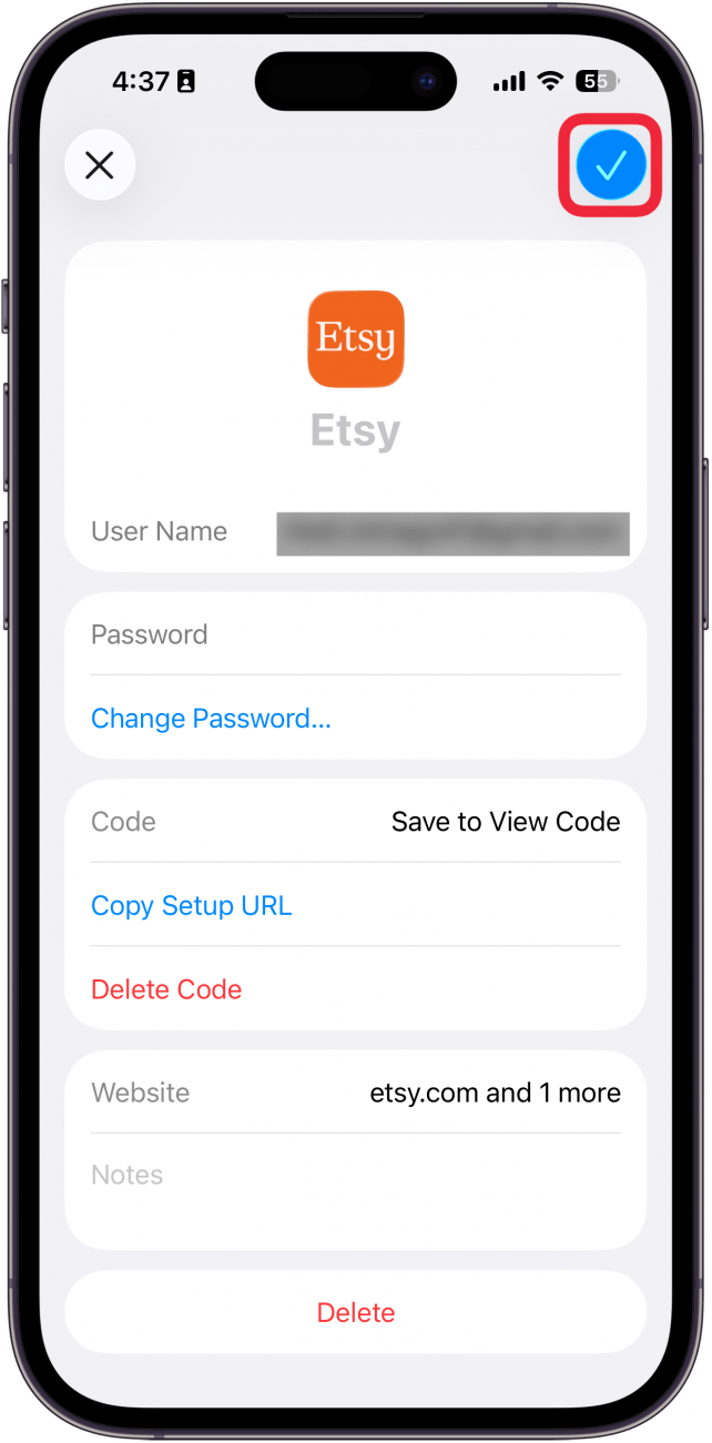 iphone passwords screen displaying etsy account information with checkmark icon circled in red