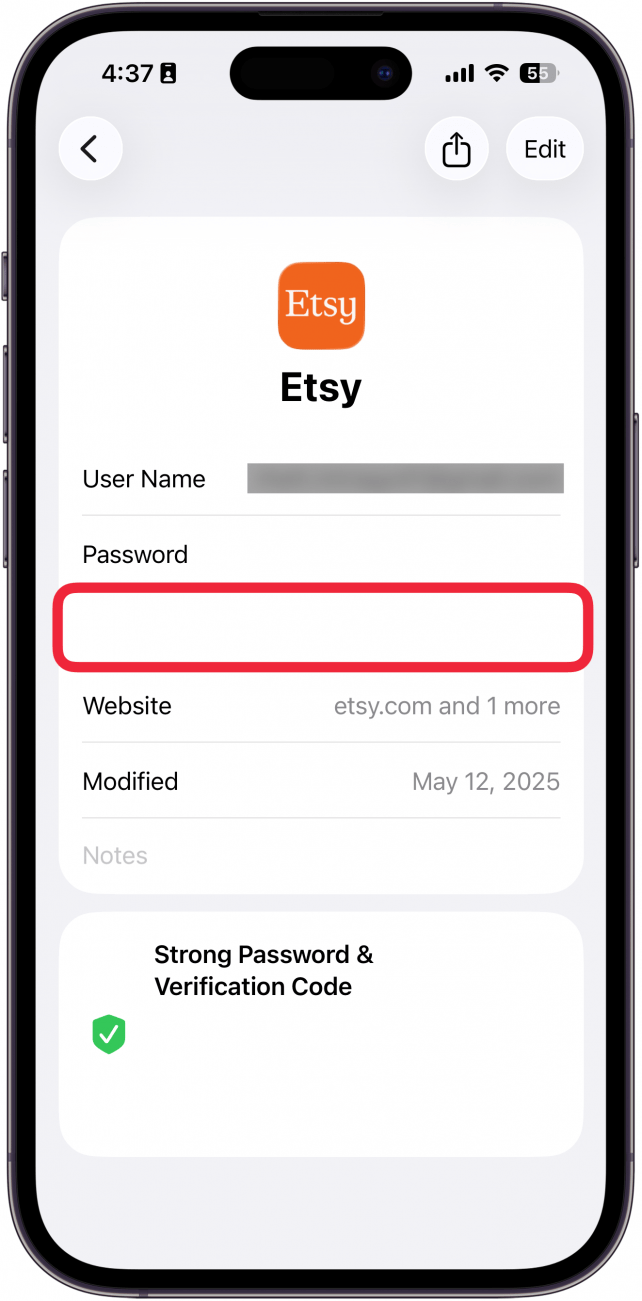 iphone passwords screen displaying etsy account information with a red box around verification code