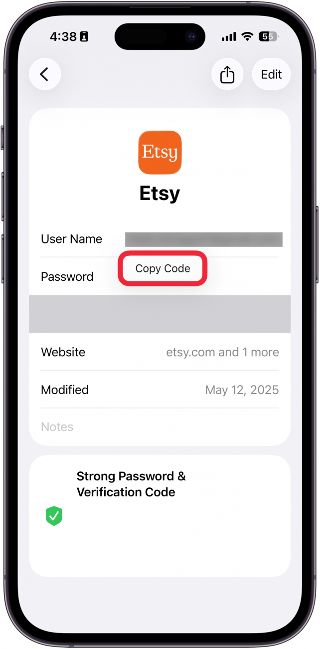 iphone passwords screen displaying etsy account information with a red box around copy code