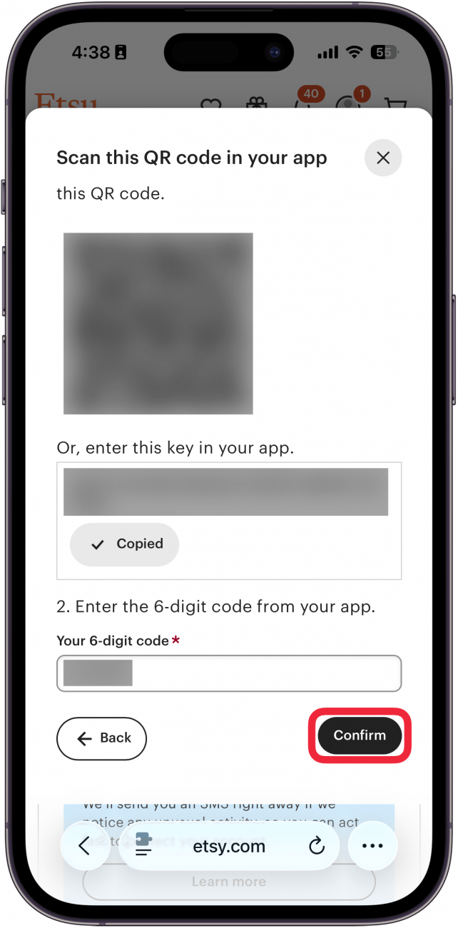iphone safari displaying etsy multi factor authentication setup with a red box around continue button with a 2fa code entered