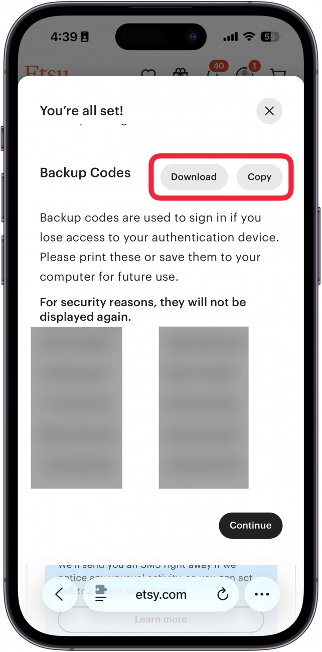 iphone safari displaying etsy multi factor authentication setup displaying backup codes with an expanded dropdown and a red box around copy button