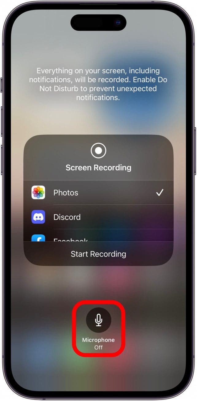 Select the app you want to send the recording to (leave on the default selection of Photo if you just want to save it for later use), and then tap the Microphone icon where it says Microphone Off at the bottom of the screen.