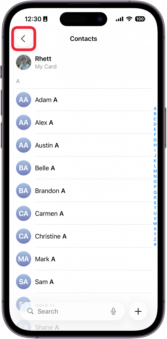 a screenshot of the contacts app on iphone with a red box around the back button