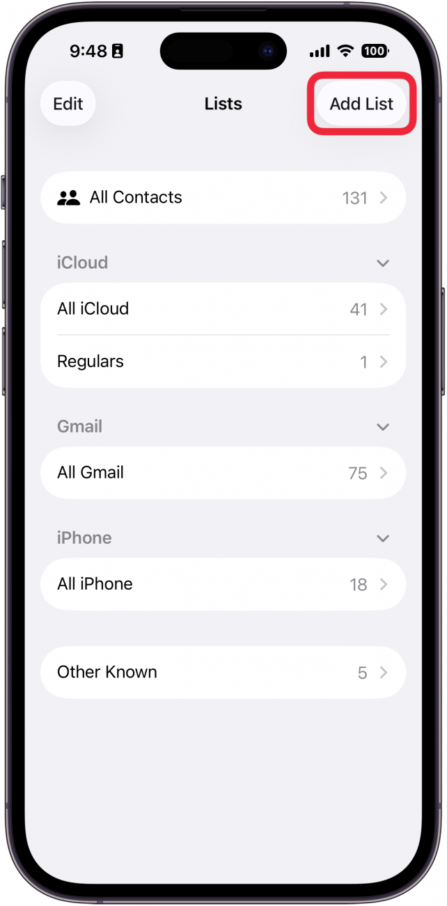 a screenshot of the contacts app on iphone with a red box around the add list button