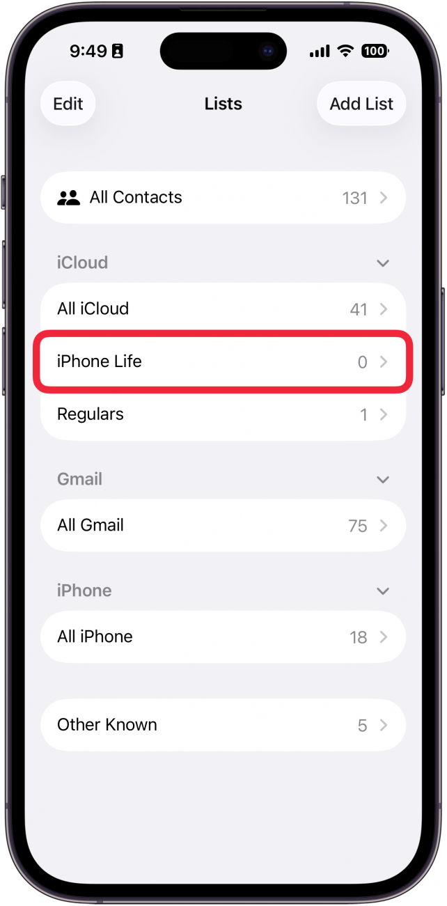 a screenshot of the contacts app on iphone with a red box around a newly created list