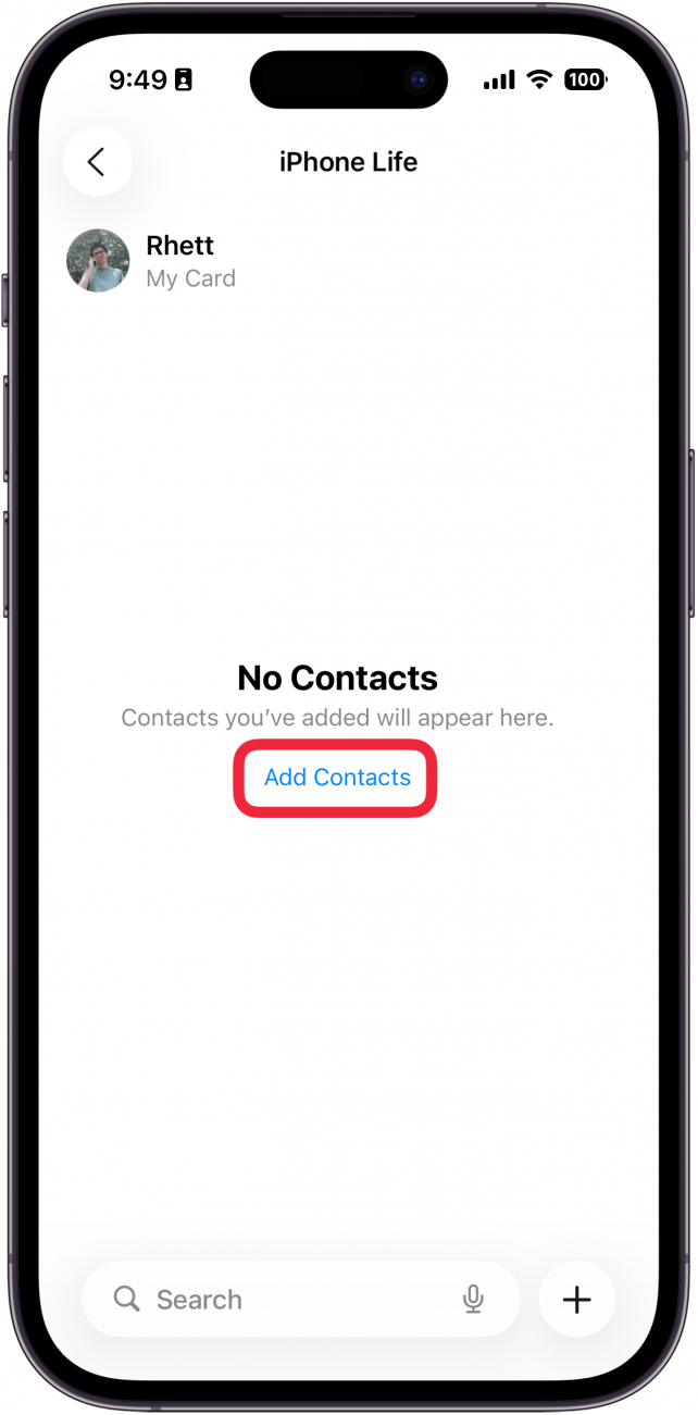 a screenshot of the contacts app on iphone displaying a contact list with no contacts and a red box around the add contacts button
