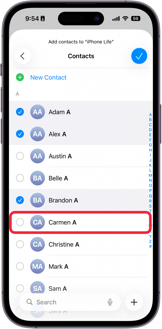 a screenshot of the contacts app on iphone displaying a list of all contacts with some selected and a red box around a specific contact