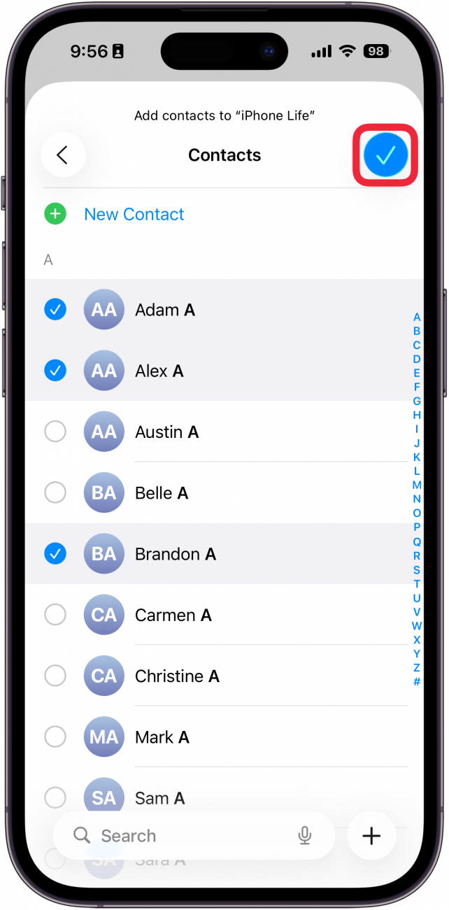 a screenshot of the contacts app on iphone displaying a list of all contacts with some selected and a red box around the checkmark icon