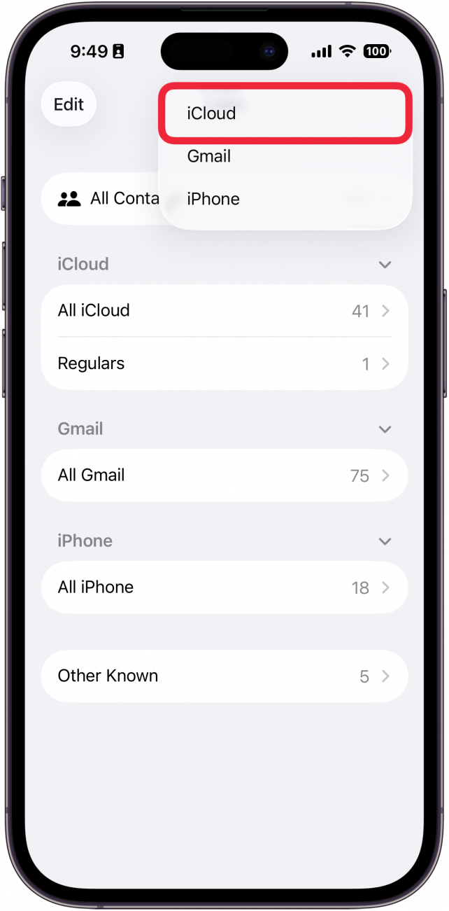a screenshot of the contacts app on iphone displaying contact lists with a menu open and a red box around icloud in the menu