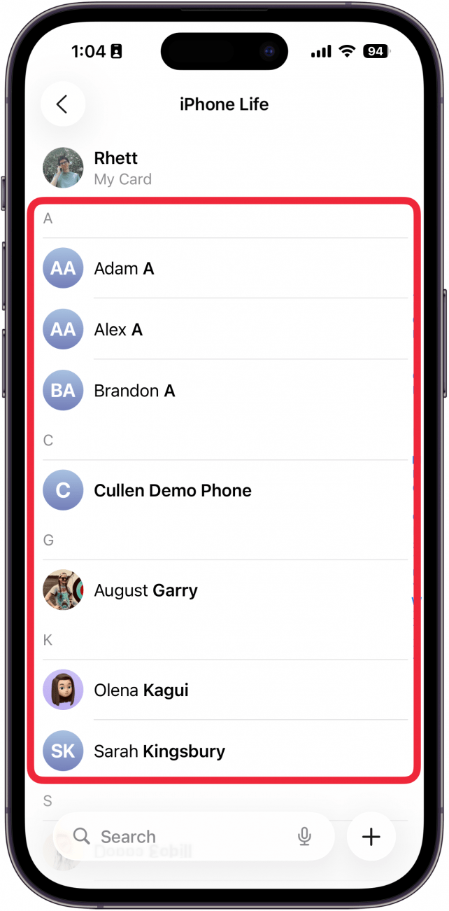 a screenshot of the contacts app on iphone displaying a contact list with a red box around the newly added contacts