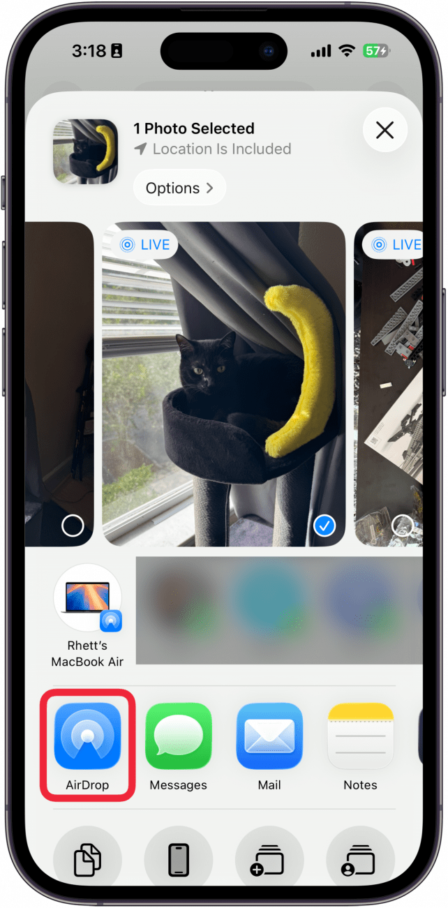 a screenshot of a photo on iphone displaying the share sheet with a red box airdrop