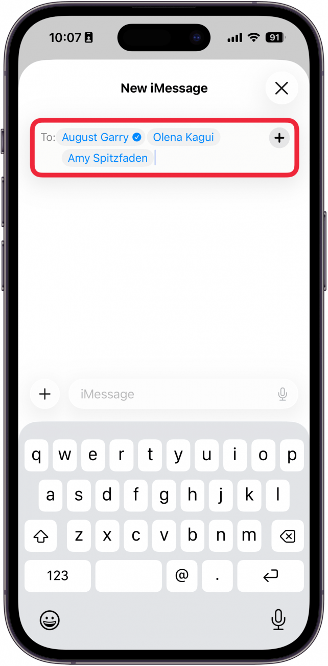 a screenshot of the messages app on iphone displaying the screen for composing a new message with a red box around the To: field