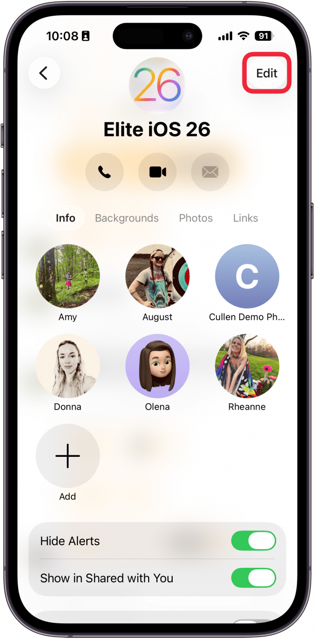 a screenshot of the messages app on iphone displaying details for a group text, with a red box around the edit button
