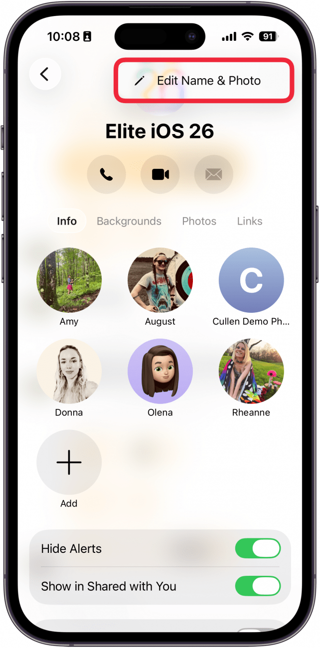 a screenshot of the messages app on iphone displaying details for a group text with a red box around the edit name and photo button