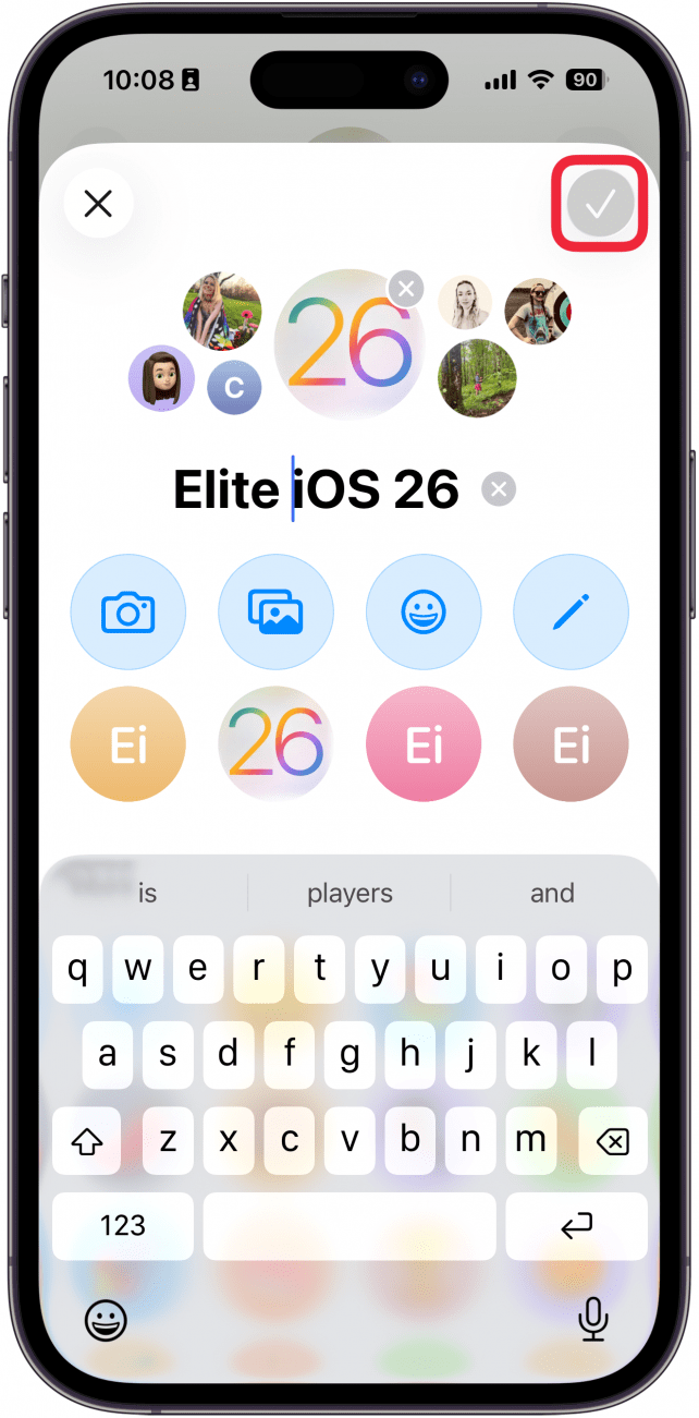 a screenshot of the messages app on iphone displaying the edit name and photo screen of a group text with a red box around the checkmark icon