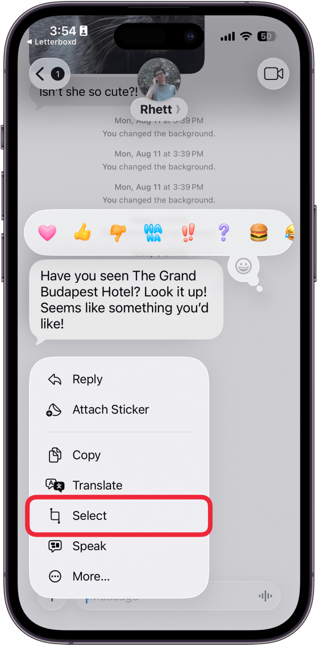 a screenshot of the messages app on iphone displaying an expanded menu with a red box around the select option