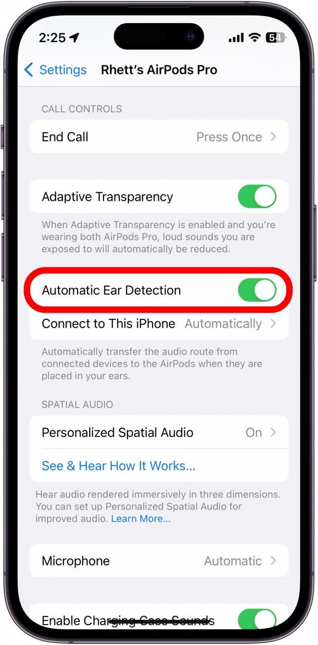 Scroll down, and toggle the switch next to Automatic Ear Detection to turn it off.