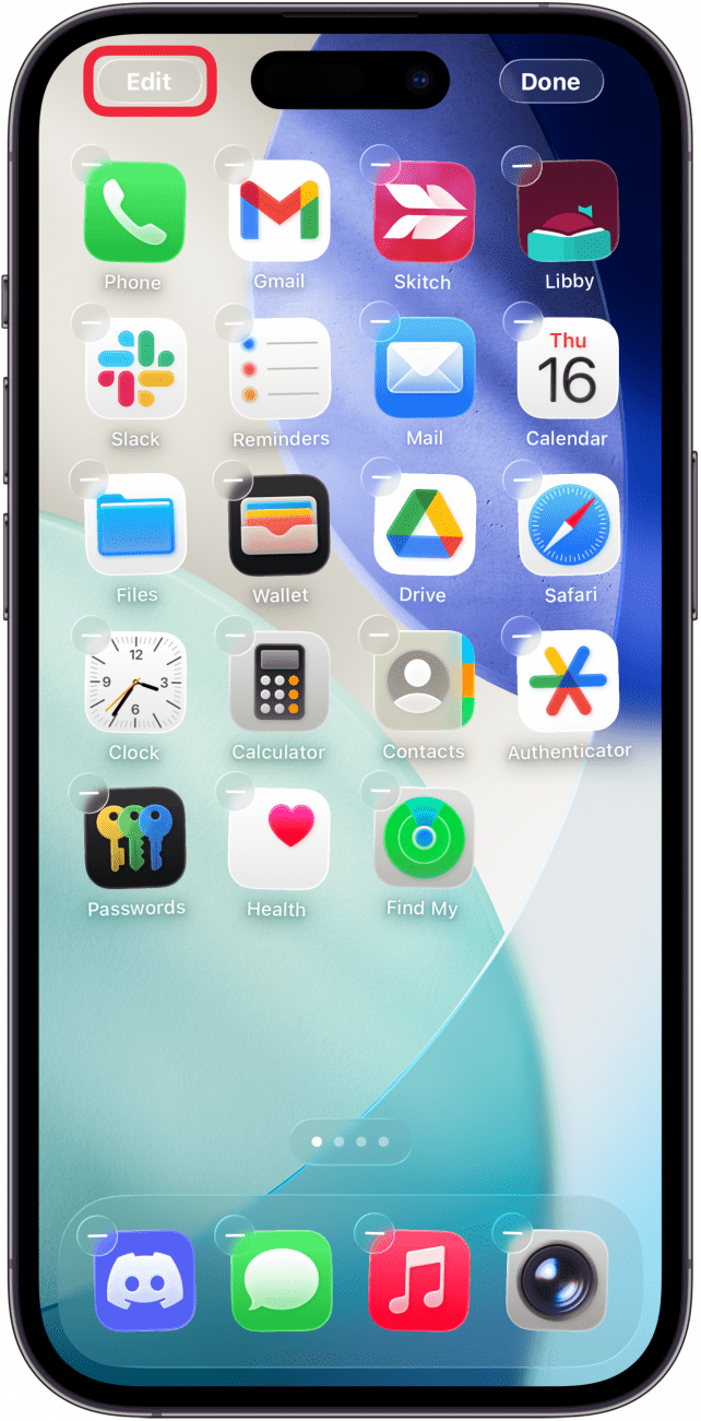 iphone home screen editing mode with a red box around edit button