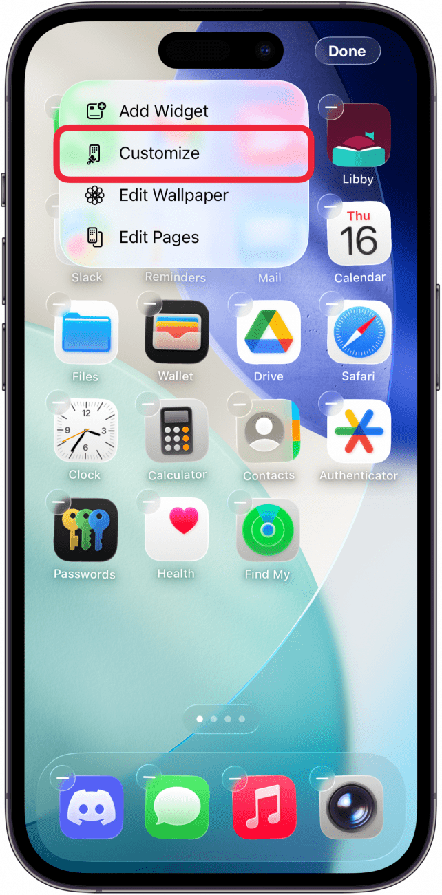 iphone home screen editing mode with a red box around customize button