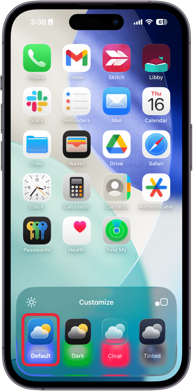 iphone home screen customization menu with a red box around default icon setting
