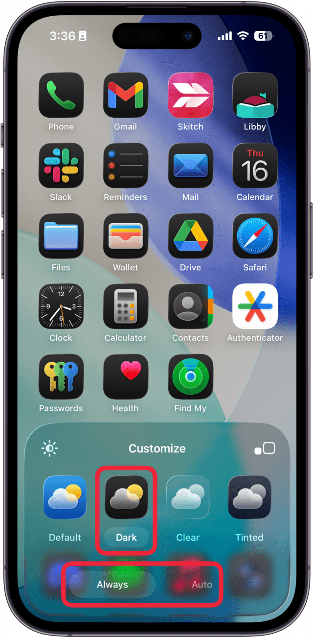 iphone home screen customization menu with red boxes around dark icon setting and the always and auto toggles