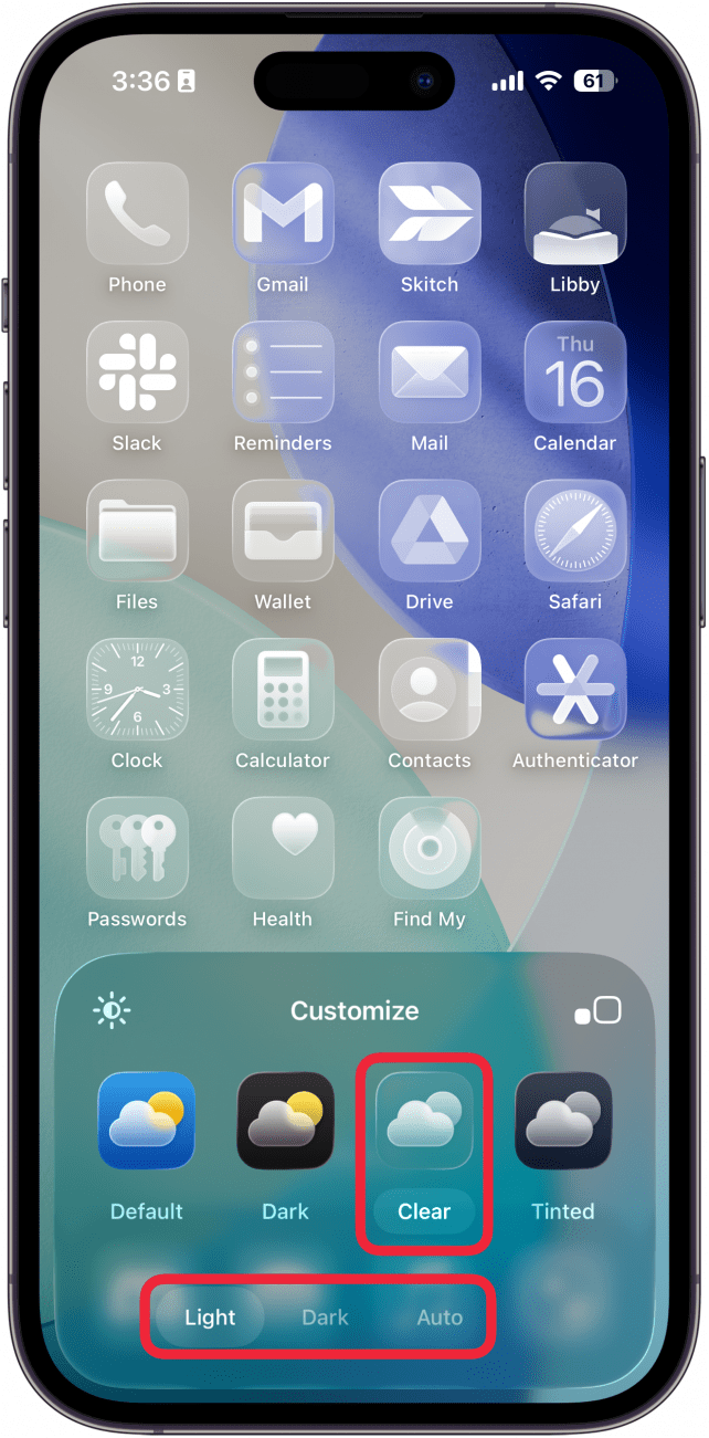 iphone home screen customization menu with red boxes around the clear icon setting, as well as the toggles for light, dark, and auto
