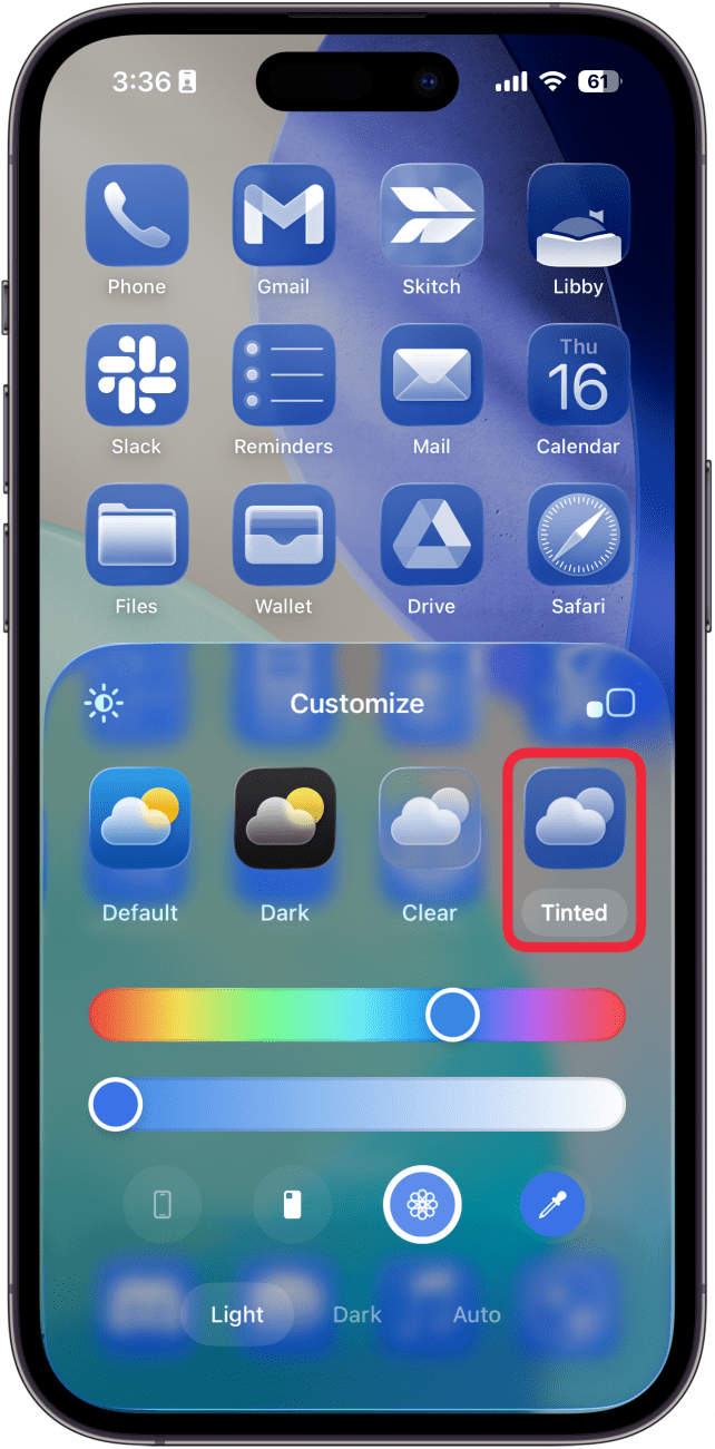 iphone home screen customization menu with a red box around tinted icon setting