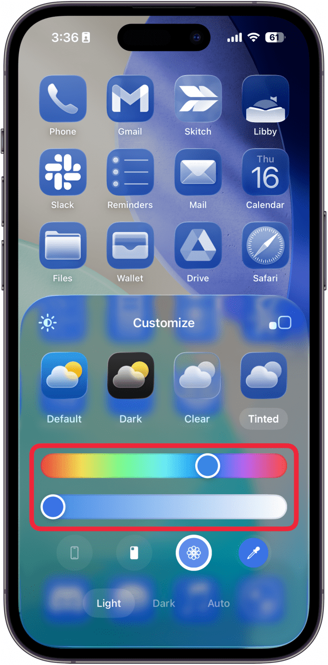 iphone home screen app tint customization menu with a red box around color sliders