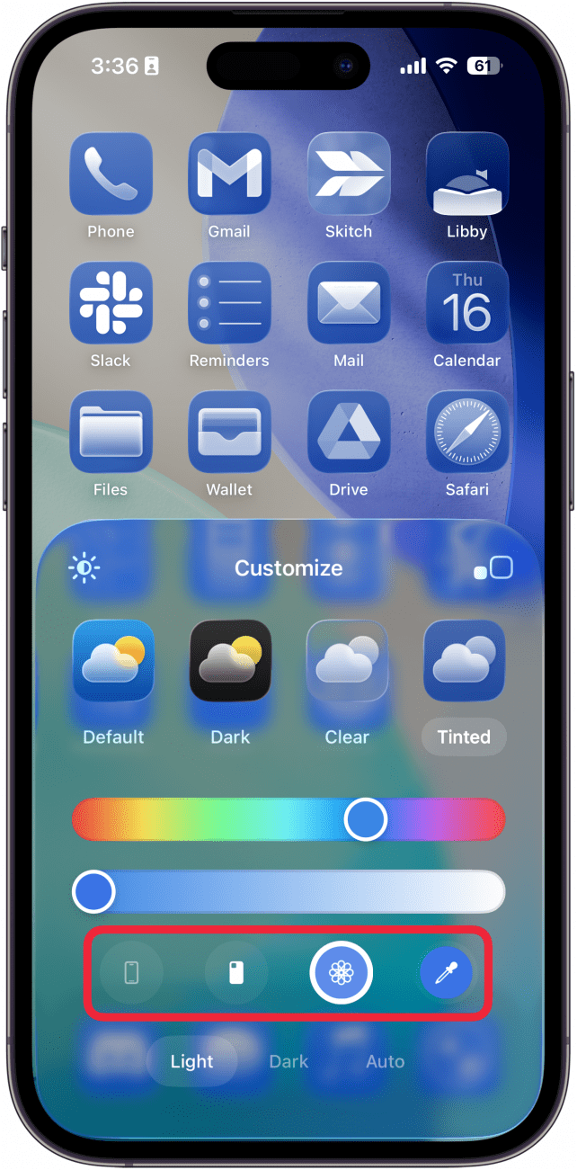 iphone home screen app tint customization menu with a red box around various icons that can be used to customize the color of the tint