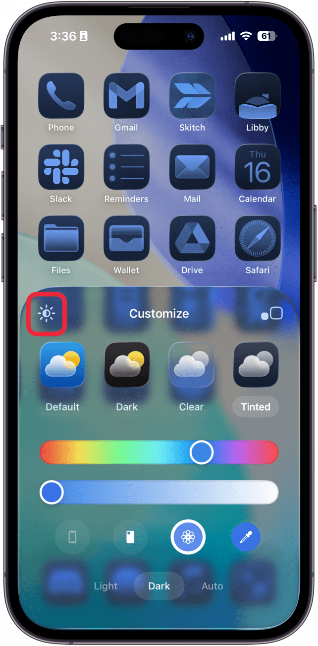 iphone home screen app tint customization menu with a red box around sun icon