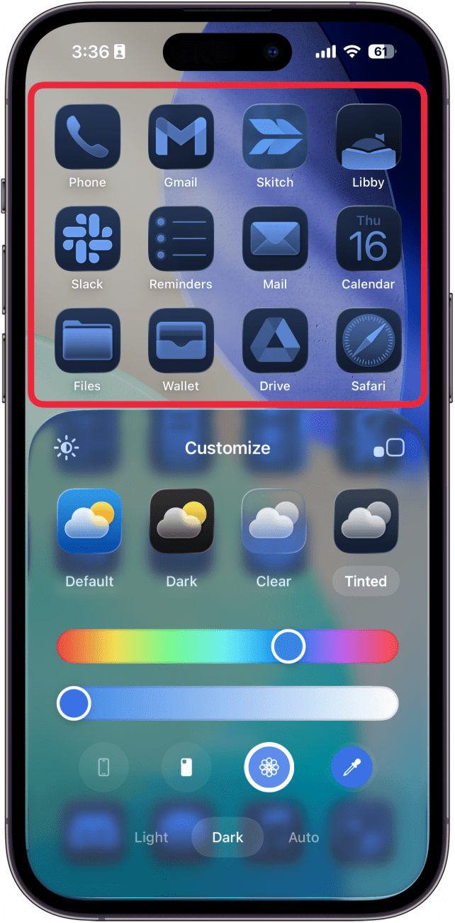 iphone home screen app tint customization menu with a red box around an empty space, indicating to tap there