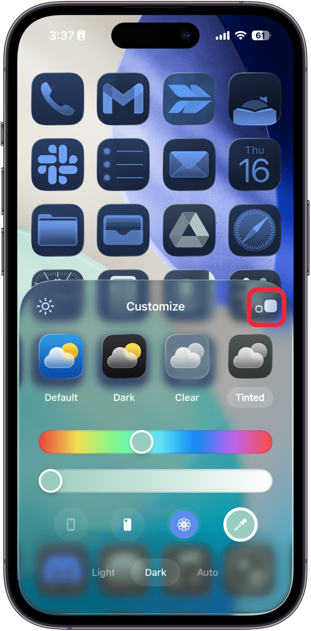 iphone home screen app tint customization menu with a red box around small and large icon buttons