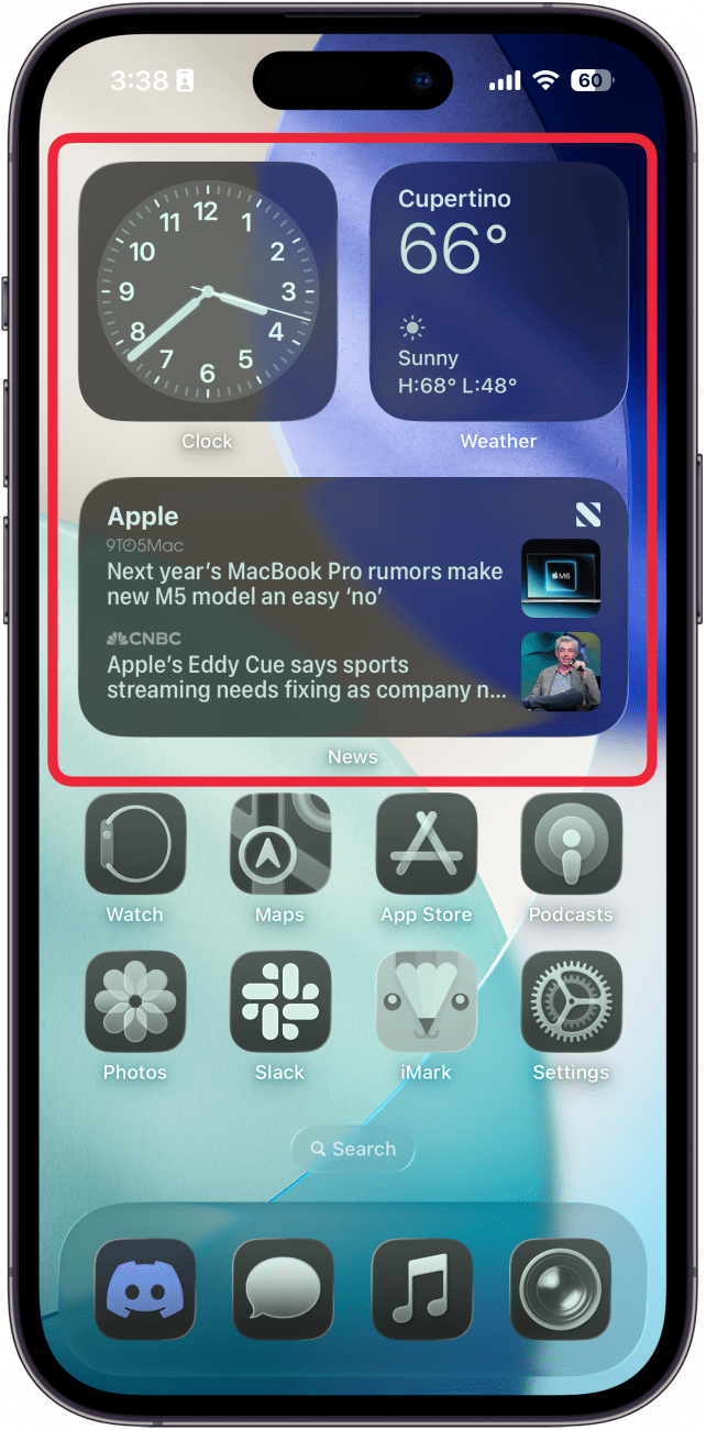iphone home screen with tinted icons and widgets, with a red box around the widgets, indicating that the color customization options have applied to the widgets too