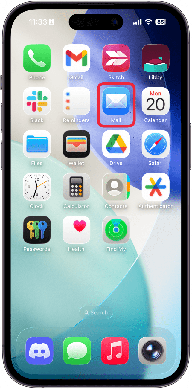 a screenshot of the iphone home screen with a red box around the mail app