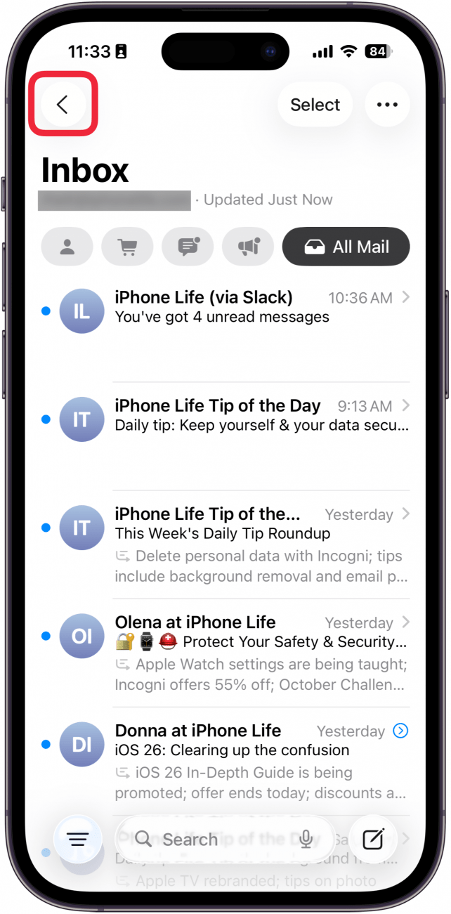 a screenshot of the mail app on iPhone with a red box around the back button
