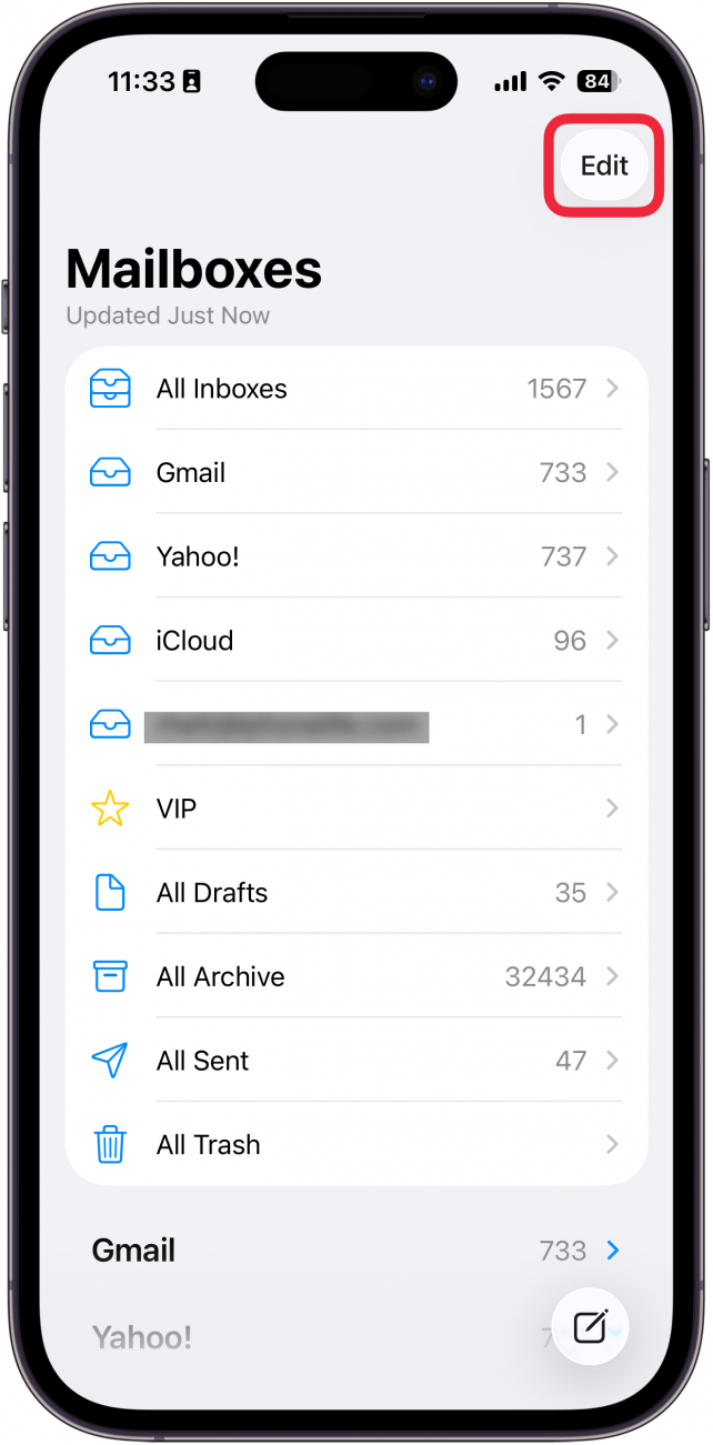 a screenshot of the mail app on iphone with a red box around the edit button