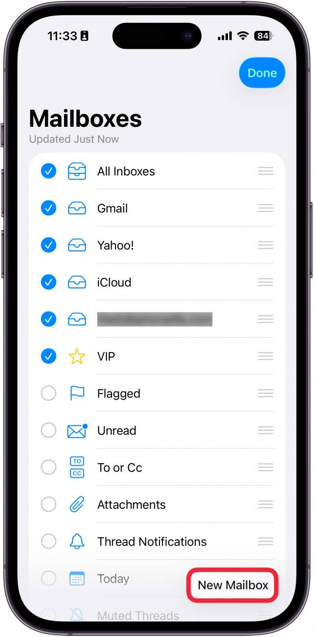 a screenshot of the mail app on iphone with a red box around the new mailbox button