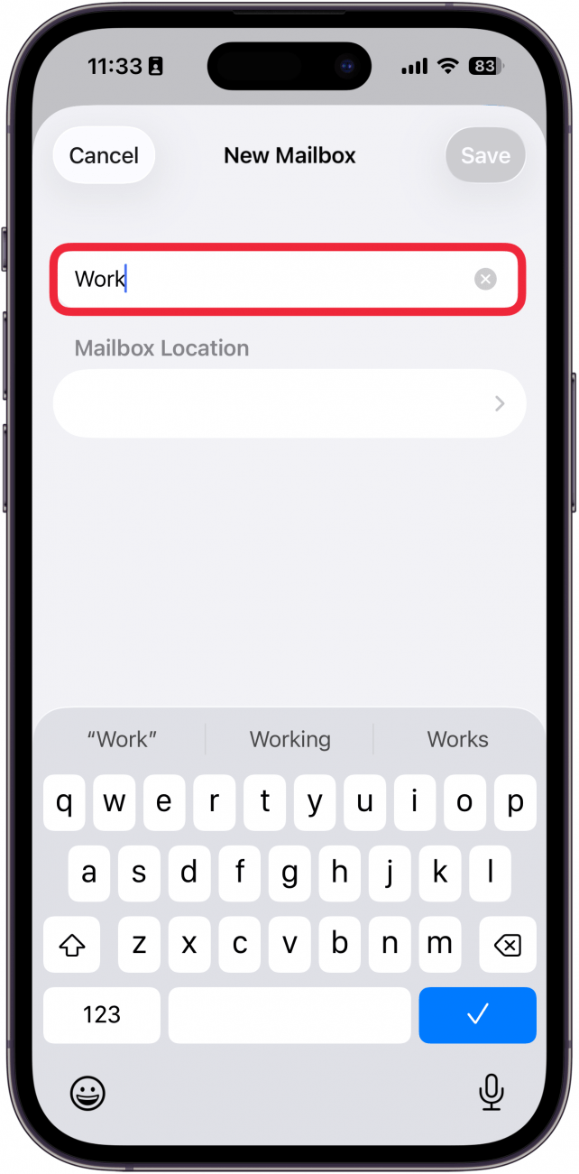 a screenshot of the mail app on iphone displaying the new mailbox screen with a red box around the mailbox name button