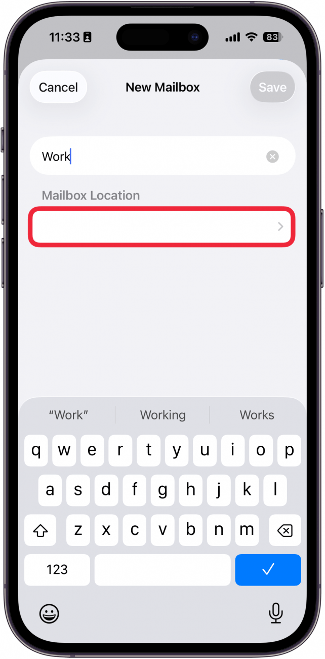 a screenshot of the mail app on iphone displaying the new mailbox screen with a red box around the location button