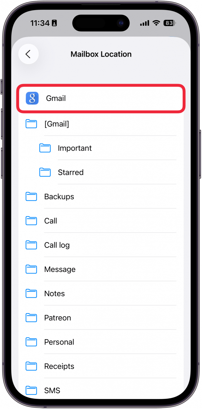 a screenshot of the mail app on iphone displaying a list of mailbox locations with a red box around gmail