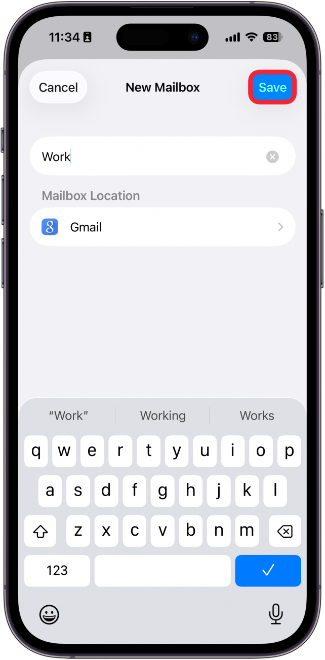 a screenshot of the mail app on iphone displaying the new mailbox screen with a red box around the save button