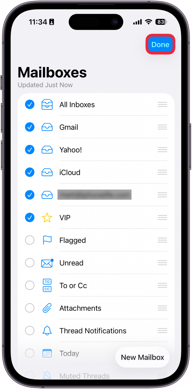 a screenshot of the edit screen in the mail app on iphone with a red box around the done button