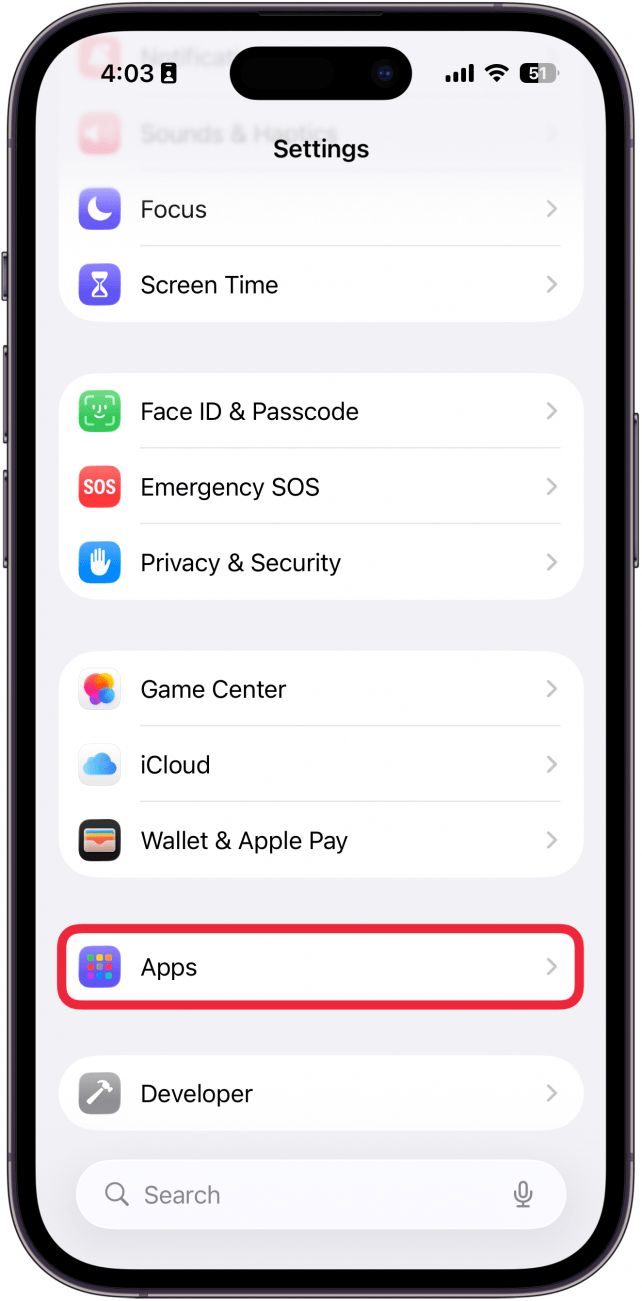 a screenshot of the settings app with a red box around apps