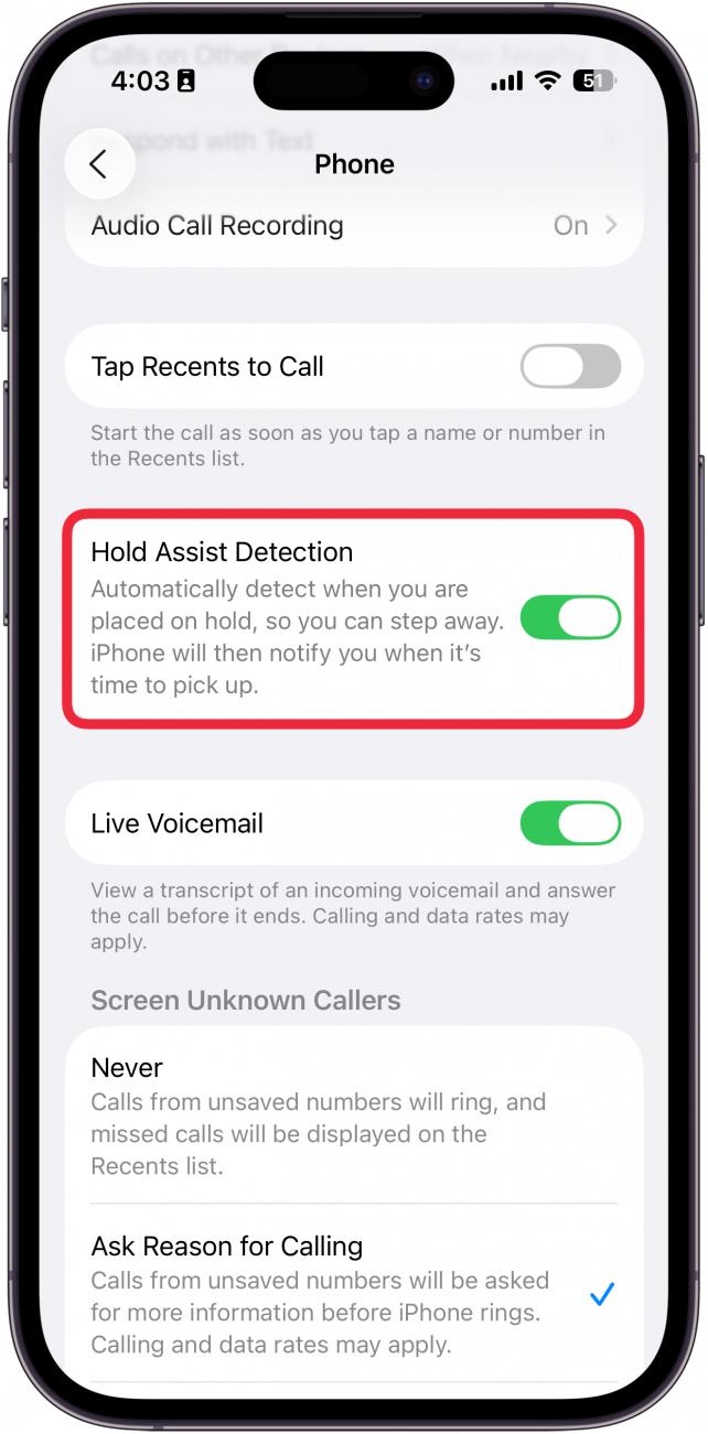a screenshot of the phone app settings with a red box around the hold assist detection toggle