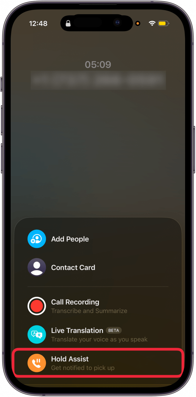 a screenshot of the phone call screen on the iphone with a red box around hold assist
