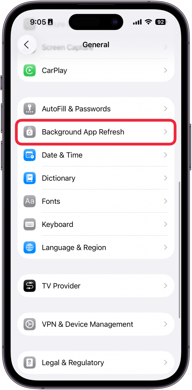 a screenshot of the iphone general settings with a red box around background app refresh
