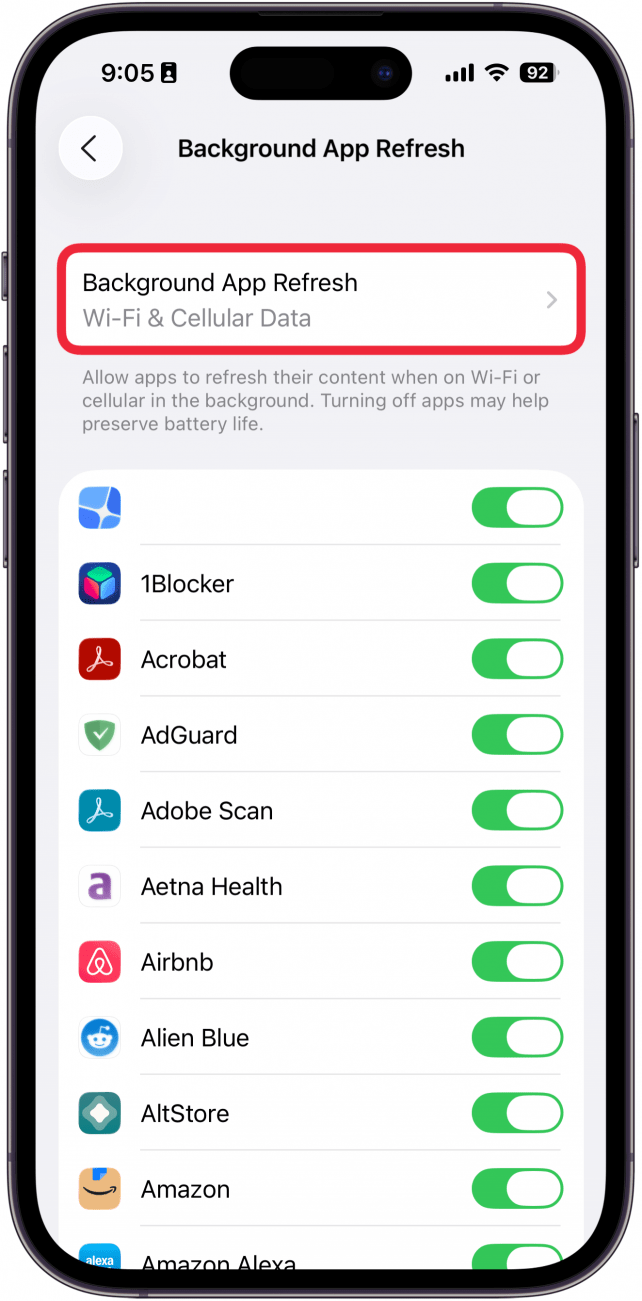 a screenshot of background app refresh settings with a red box around background app refresh
