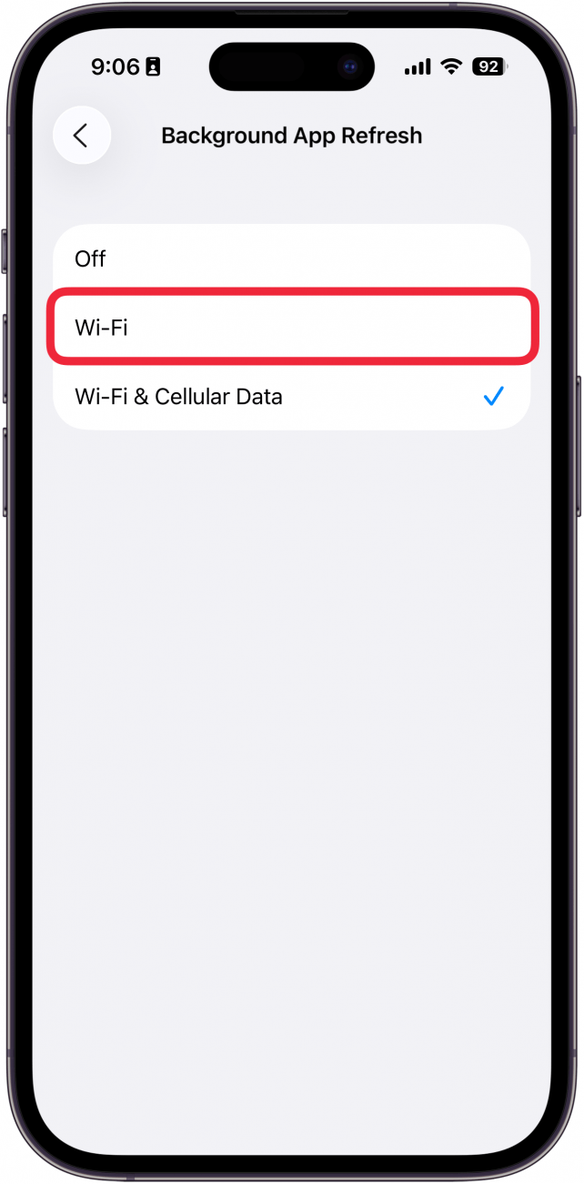 a screenshot of background app refresh settings with a red box around wi-fi
