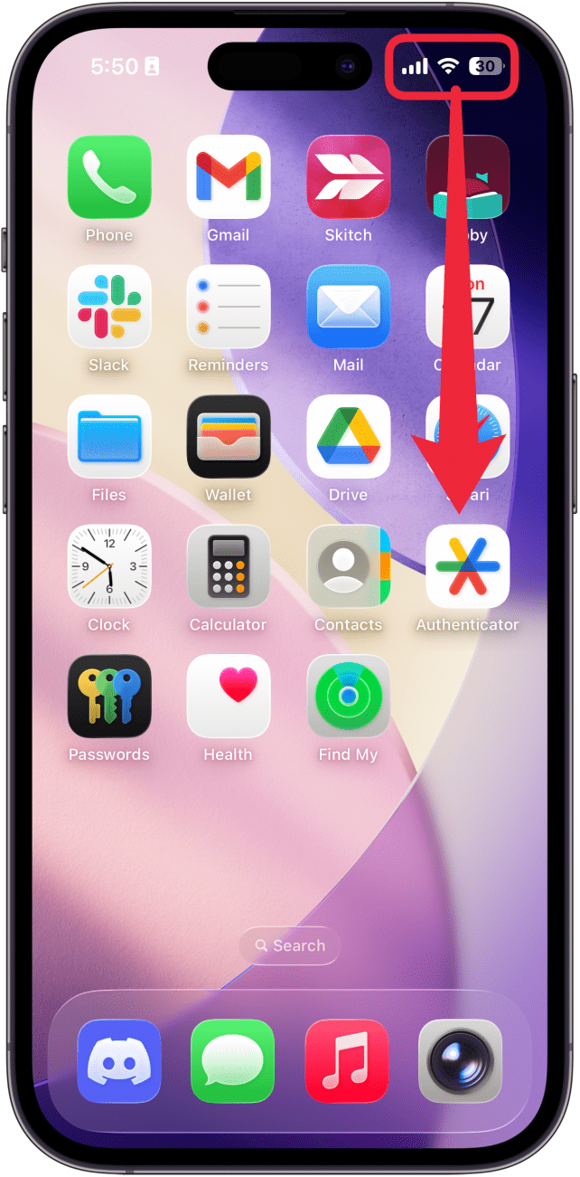 a screenshot of the iphone home screen with a red box around the top right corner and a red arrow pointing downward, indicating for the user to swipe down from the top right corner